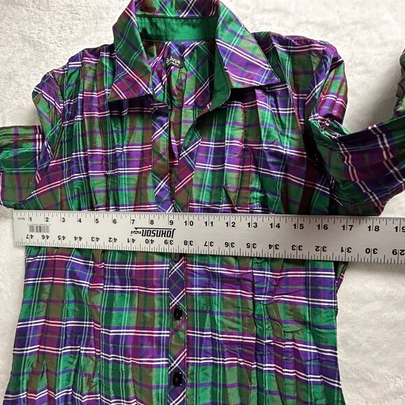 Beluva Sna Francisco Womens Green Purple Plaid Pleated Button-Down Shirt Small - Picture 6 of 7